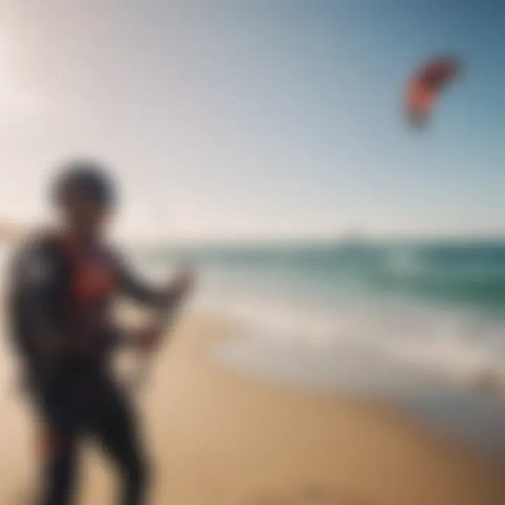 An instructor guiding a student on the beach with kitesurfing equipment