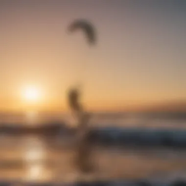 A scenic view of a sunset kitesurfing session with wing boards in the foreground.