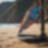 A diverse array of wing foiling equipment showcased on a scenic beach