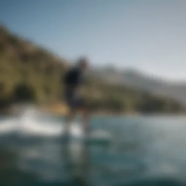 A scenic view of a rider enjoying an electric hydrofoil surfboard in a pristine environment.