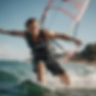 Windsurfing athlete wearing an impact vest, demonstrating agility on the water during a competition