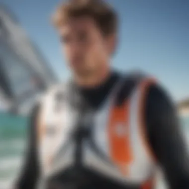 Close-up view of a high-performance windsurfing vest showcasing its innovative design and features