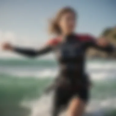 Kitesurfing instructor demonstrating the flexibility of a rash guard