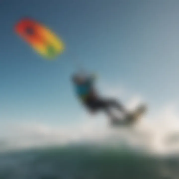 A kitesurfer gliding over waves with a vibrant kite against a clear sky, illustrating the connection between kitesurfing and technology.