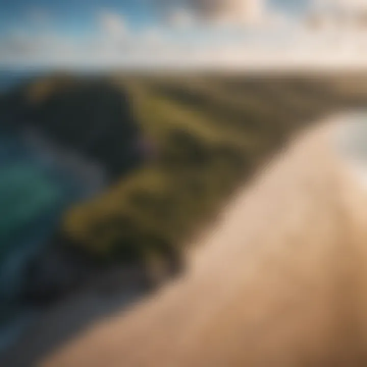 An aerial view of a vibrant small kite soaring above a stunning beach landscape.