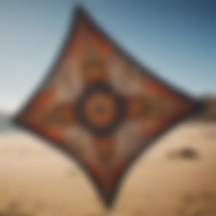 A close-up view of a small kite demonstrating its intricate design features.