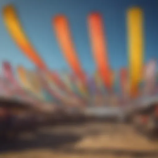 A colorful array of used kites displayed for sale at a market