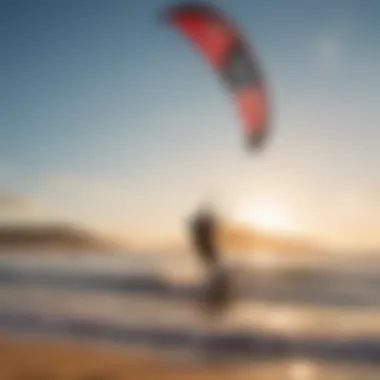 A serene beach scene with kitesurfers enjoying their time on the water