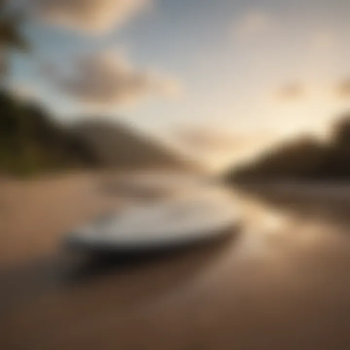 Serene beach landscape with Naish surfboards prominently displayed