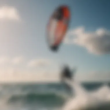 Kitesurfer in action with a focus on the rear wing during a maneuver.