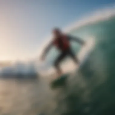 A surfer wearing a buoyancy vest while riding a wave, showcasing performance.