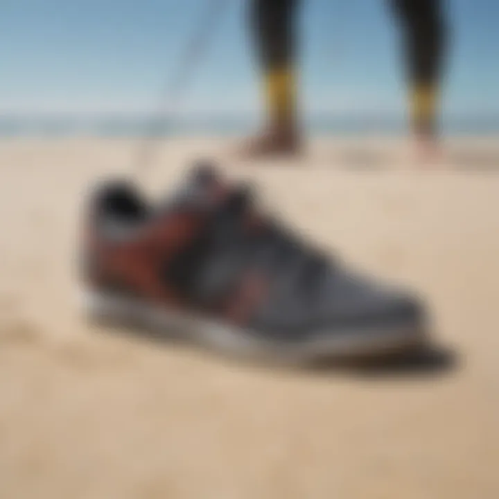 Different types of ease shoes displayed on a sandy beach