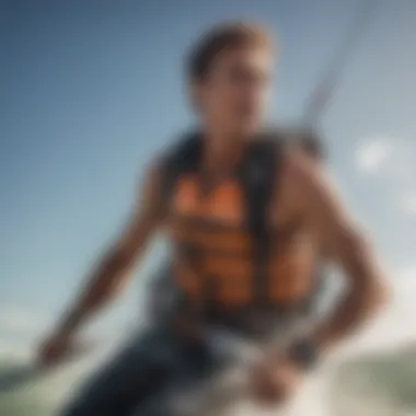 Kiteboarder in Action with Impact Vest A dynamic scene of a kiteboarder wearing an impact vest during a jump