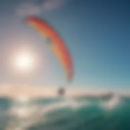 A vibrant kitesurfing kite soaring through the sky above a clear blue ocean.