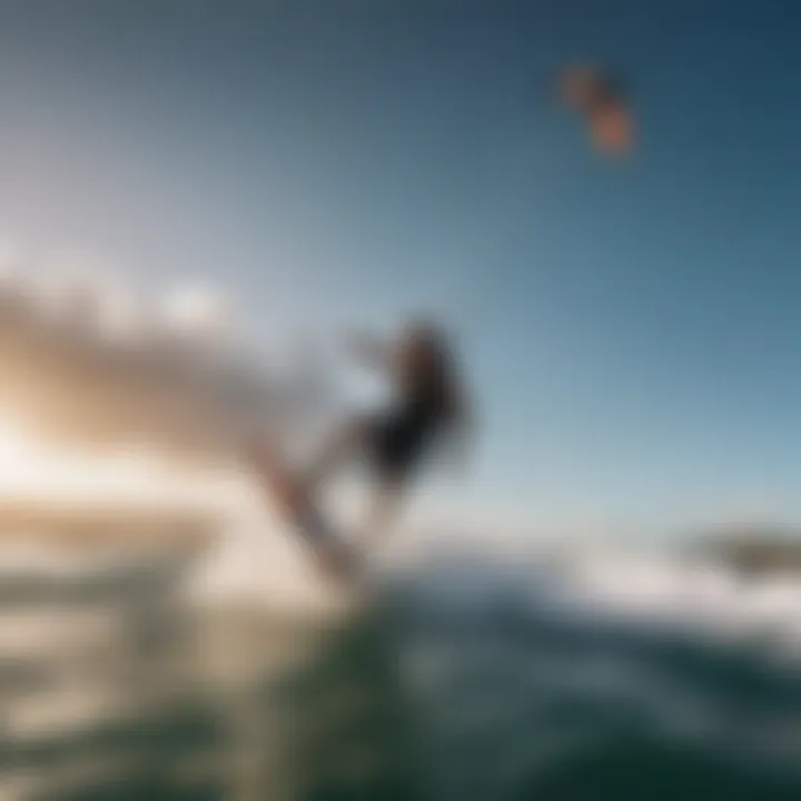 Top view of a fanatic wing foil board with waves crashing in the background, symbolizing the thrill of kitesurfing