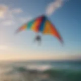 A colorful trainer kite soaring in the sky against a backdrop of clear blue water