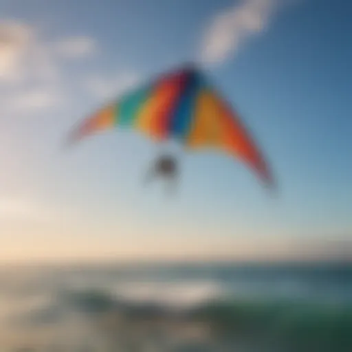 A colorful trainer kite soaring in the sky against a backdrop of clear blue water