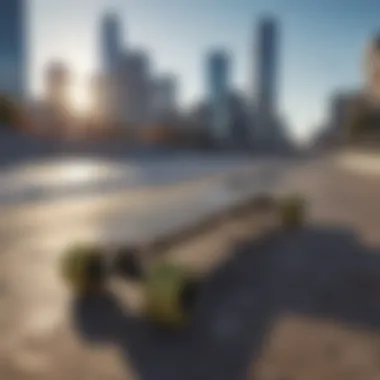 Sleek and stylish electric skateboard against a city backdrop