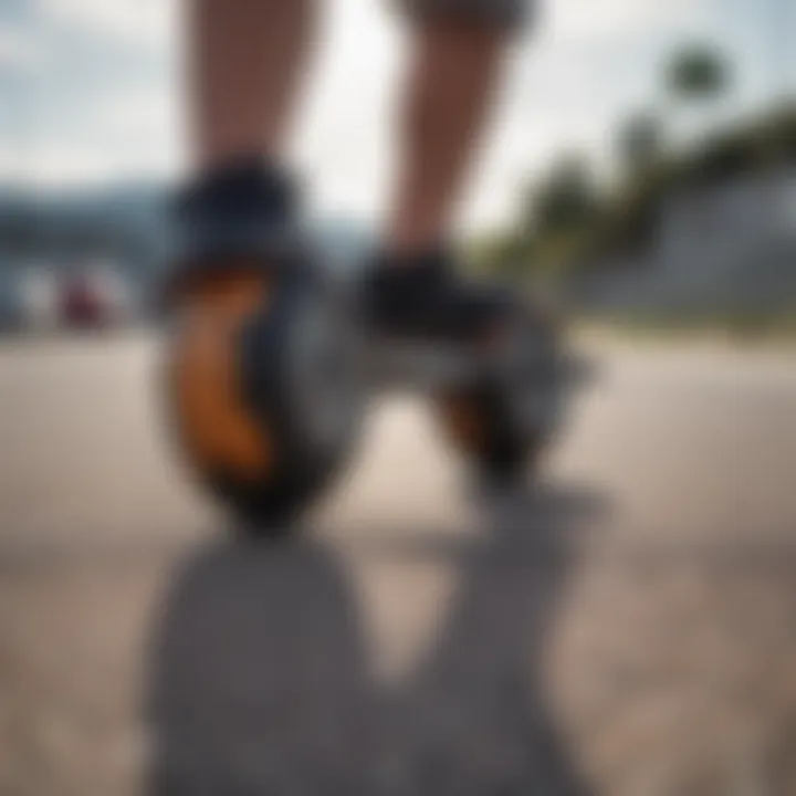 Close-up of high-tech electric skateboard wheels on pavement