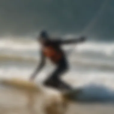 Kitesurfing enthusiast testing flexibility of a top-rated cold weather wetsuit on the beach