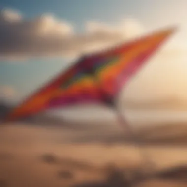 A colorful kite with intricate geometric patterns flying high