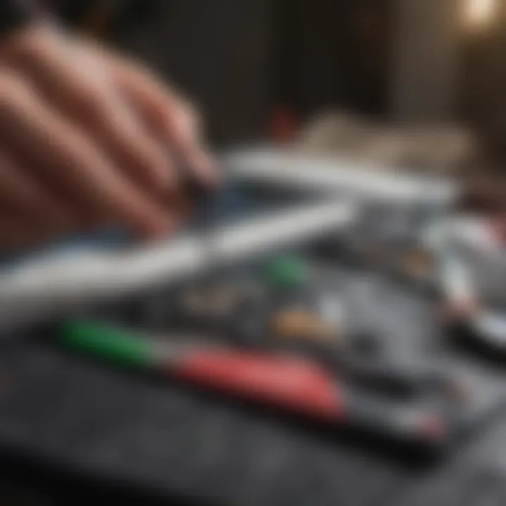 Close-up of a professional repairing a kite with precision tools