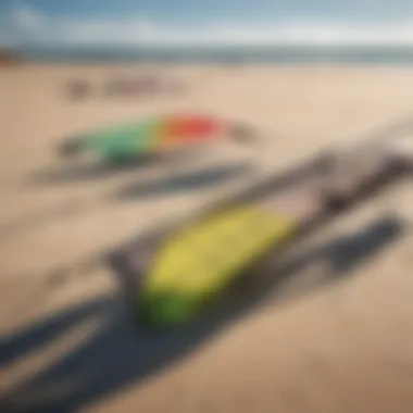 Close-up of different kite sizes laid out on the beach