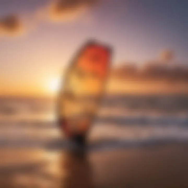 Kitesurfing gear against a vibrant sunset sky