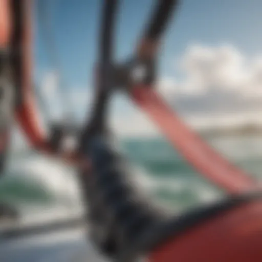 Close-up view of adjustable harness line attachment on windsurfing equipment