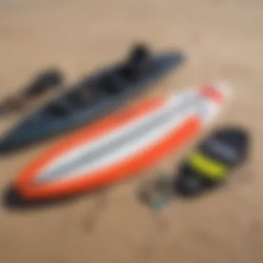 An array of kiteboarding equipment laid out on the sand, emphasizing the importance of suitable gear.