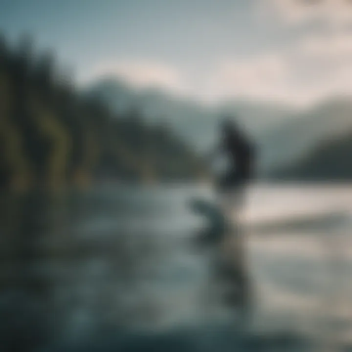 A serene lake showcasing a rider on an efoil board