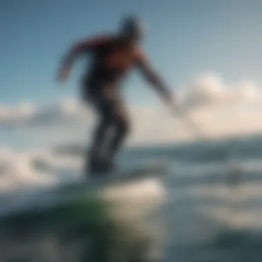 An efoil board gliding smoothly over the water with a backdrop of ocean waves