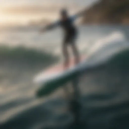 A sleek hydrofoiling surfboard gliding over the water surface.