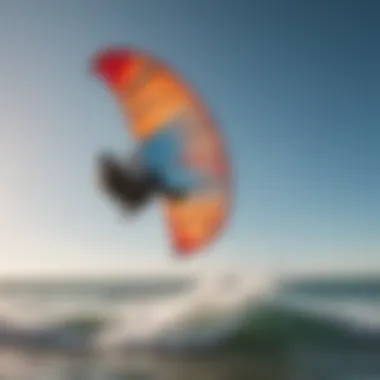 A kitesurfer executing a maneuver with optimal kite clearance in a vibrant environment.