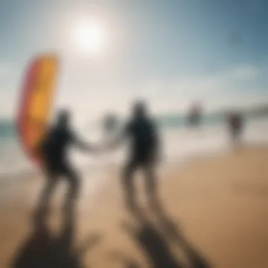 A group of kitesurfers engaged in a lively discussion, highlighting community dynamics.