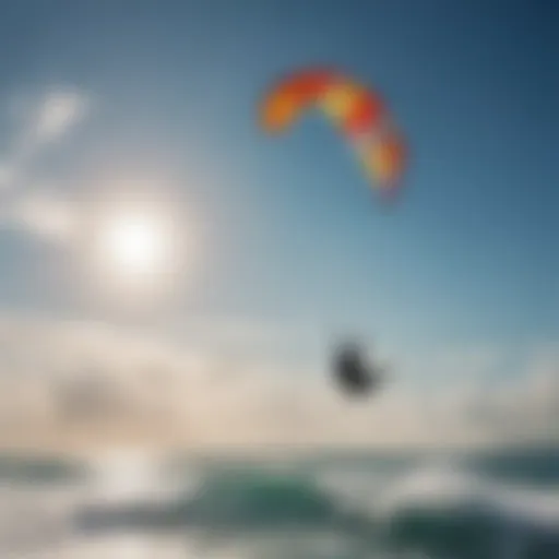 A vibrant kite soaring against a clear blue sky, symbolizing the freedom of kitesurfing.