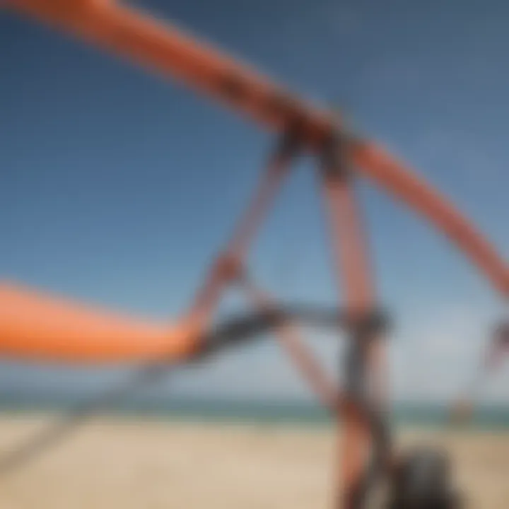 Close-up of the safety mechanisms integrated into a kite control bar.