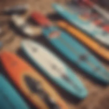 A comparison of different types of kiteboarding boards on display.