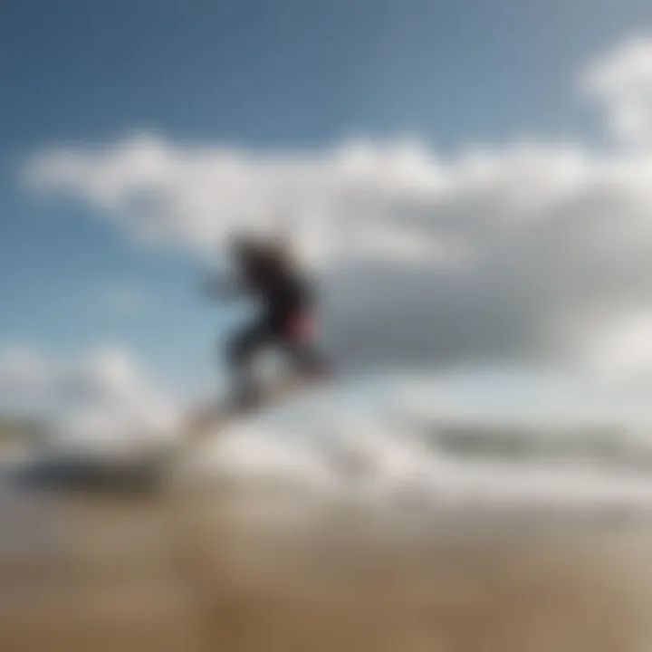 A panoramic view of a kitesurfing scene capturing the environmental conditions that influence performance.