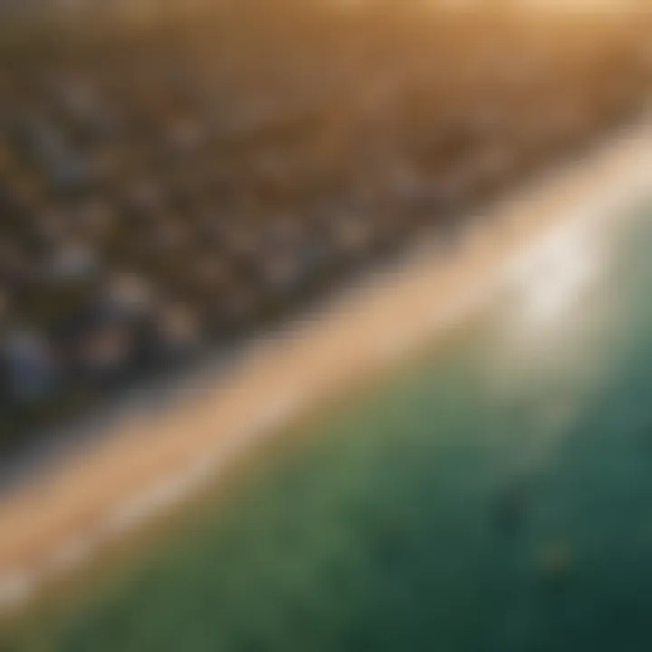 An aerial view showcasing a vibrant kite boarding community at sunset.