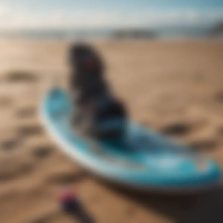 Close-up of mac kite boarding equipment laid out on the beach.