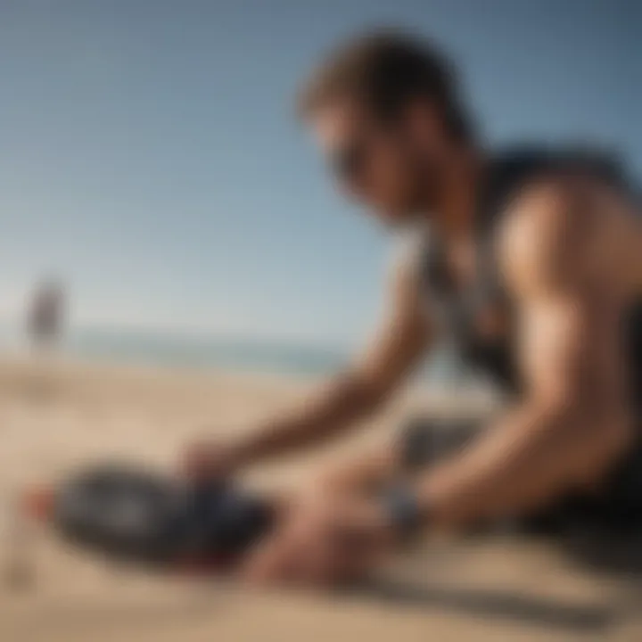 A kitesurfer inspecting and maintaining their safety leash equipment