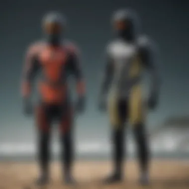 An illustration comparing the design features of dry suits and wetsuits side by side.