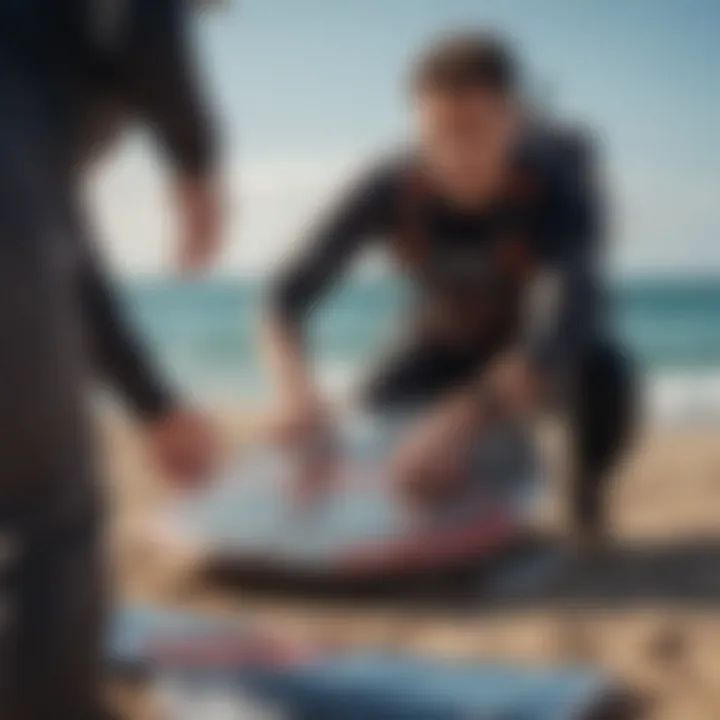 A kitesurfer packing a foil board into a specially designed bag