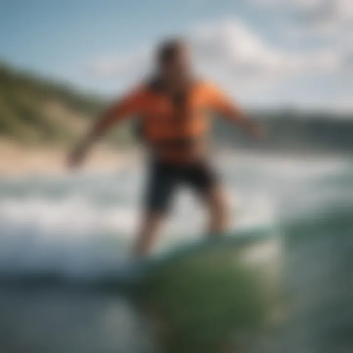 A surfer wearing a float vest during a wave ride, demonstrating safety in action