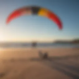 A close-up view of a traction kite in action over a beautiful beach.