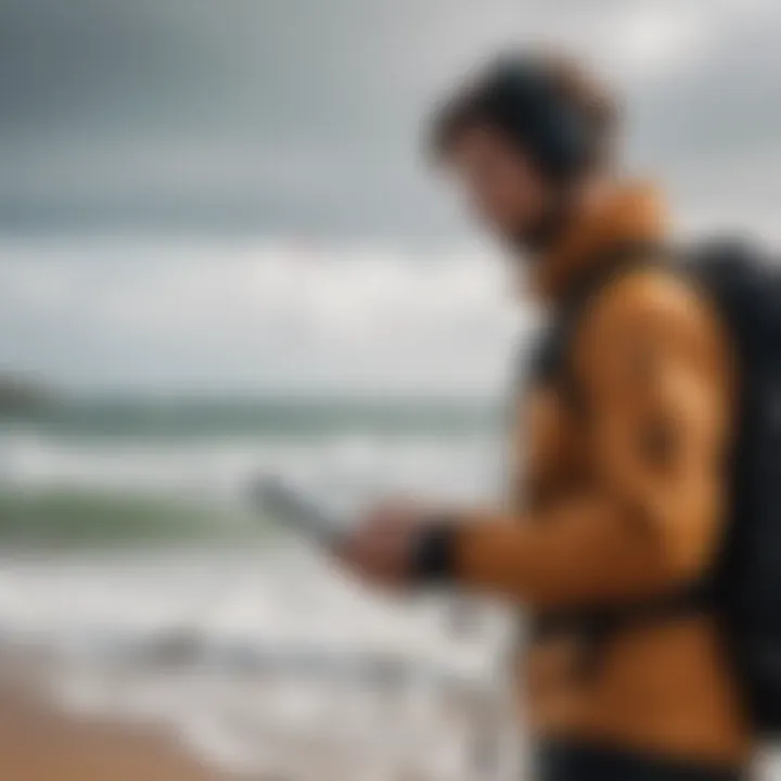 Kitesurfers checking weather reports on a mobile device