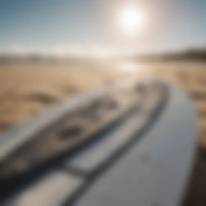 Close-up of a kiteboard showing wind ding damage