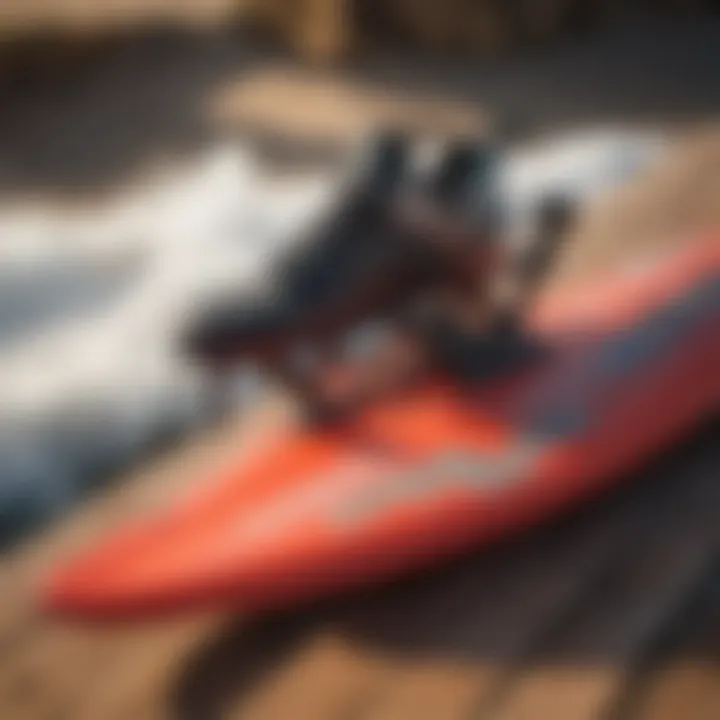 Close-up of a high-end wing surf gear set on a wooden surface