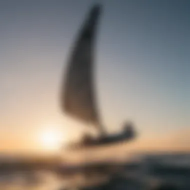 A silhouette of a wingfoiler gliding effortlessly over waves